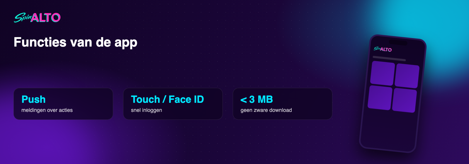 Functies van de SpinAlto app: pushmeldingen, Face ID, lichte installatie