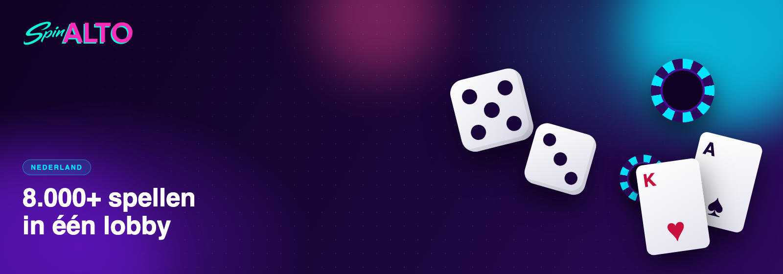 SpinAlto Casino lobby met dobbelstenen, fiches en kaarten in de kleuren van Spin Alto