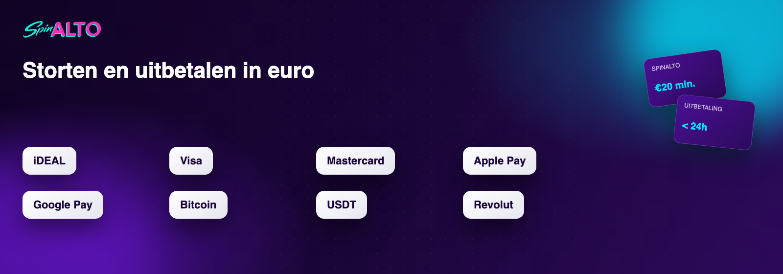 Betaalmethoden bij SpinAlto: iDEAL, Visa, Mastercard, Apple Pay, Google Pay, Bitcoin